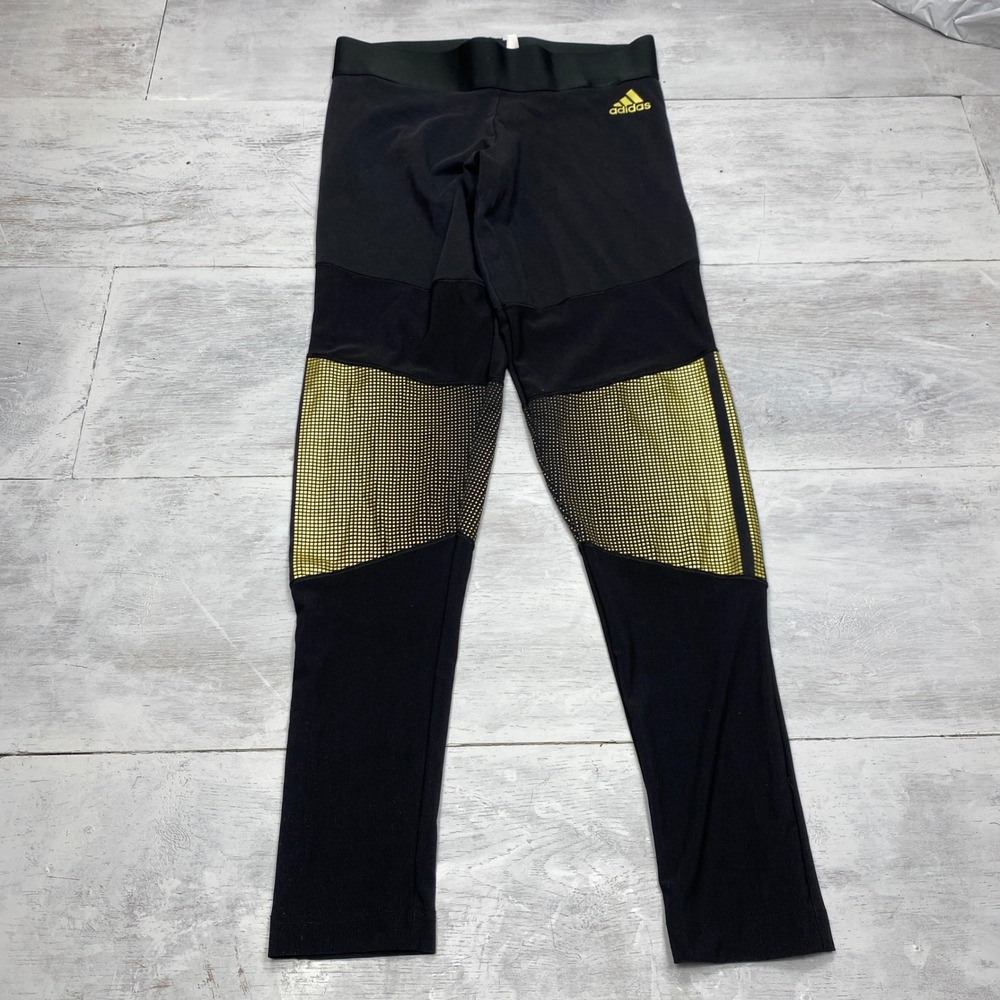 Adidas Leggings Womens M Black Gold Foil Knee Panel Cropped Reflective Tights